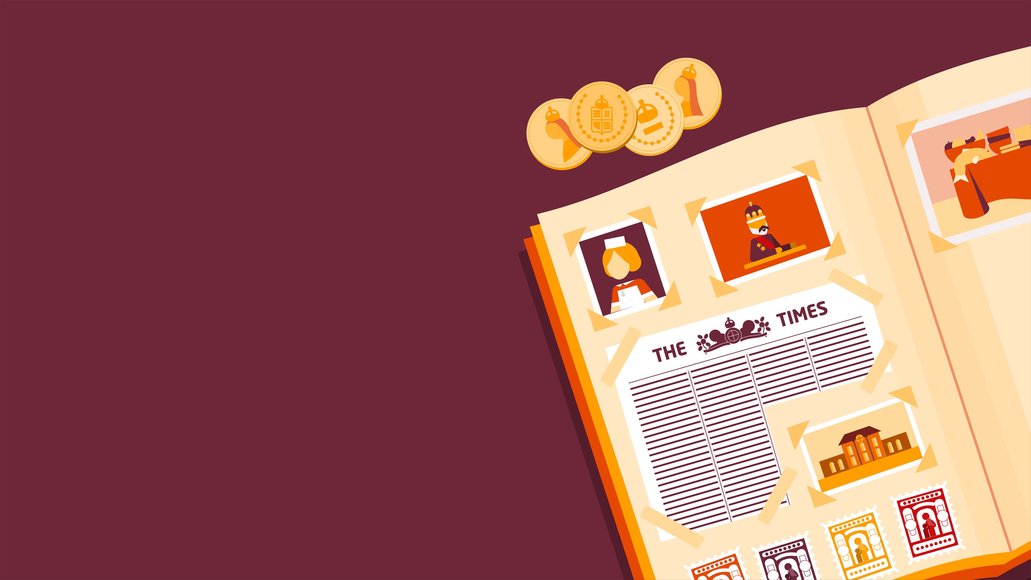 An open book on a maroon background. The book is a scrap book with a picture of a nurse, a picture of the King, an extract from The Times, a picture of a hospital building and some stamps pasted in. Above the book are a collection of four coins.