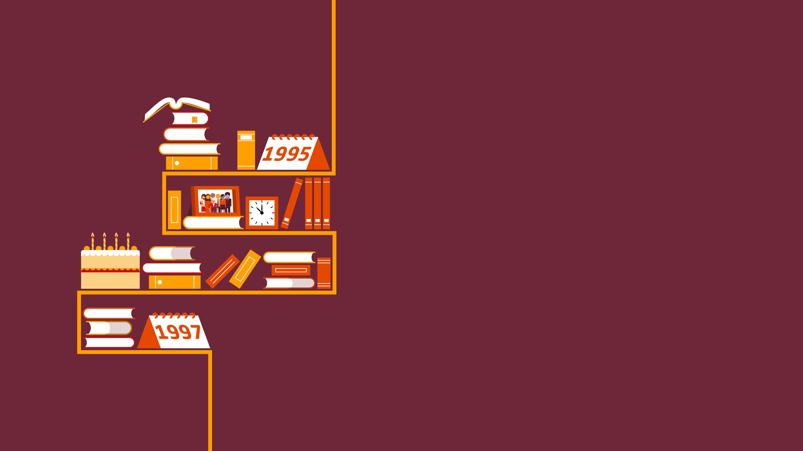 The yellow-orange timeline has become a series of shelves, holding a range books, a birthday cake, a framed photograph and a clock. On the top shelf the calendar reads, '1995'. On the bottom shelf there is a calendar that reads, '1997'.