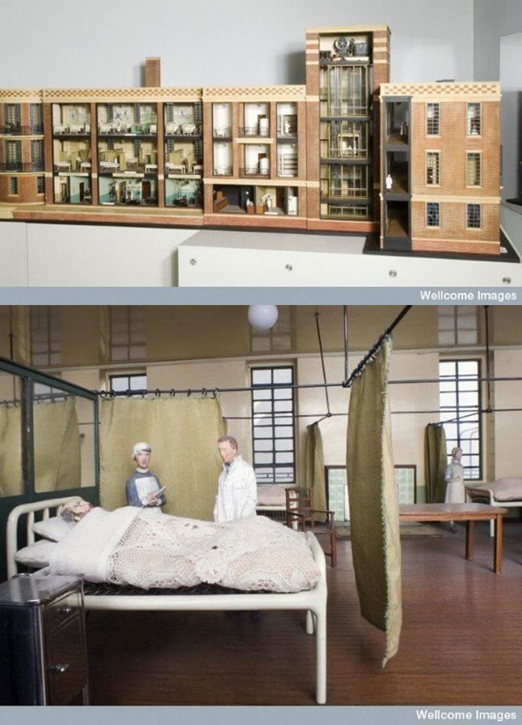 The top image shows a model of a miniature hospital. An image below shows inside one of the rooms in the hospital. In the foreground is a patient in a hospital bed. Behind them stands a nurse and doctor. The bed is screened by some curtains. Other beds are visible in the room, as are a table and chairs.