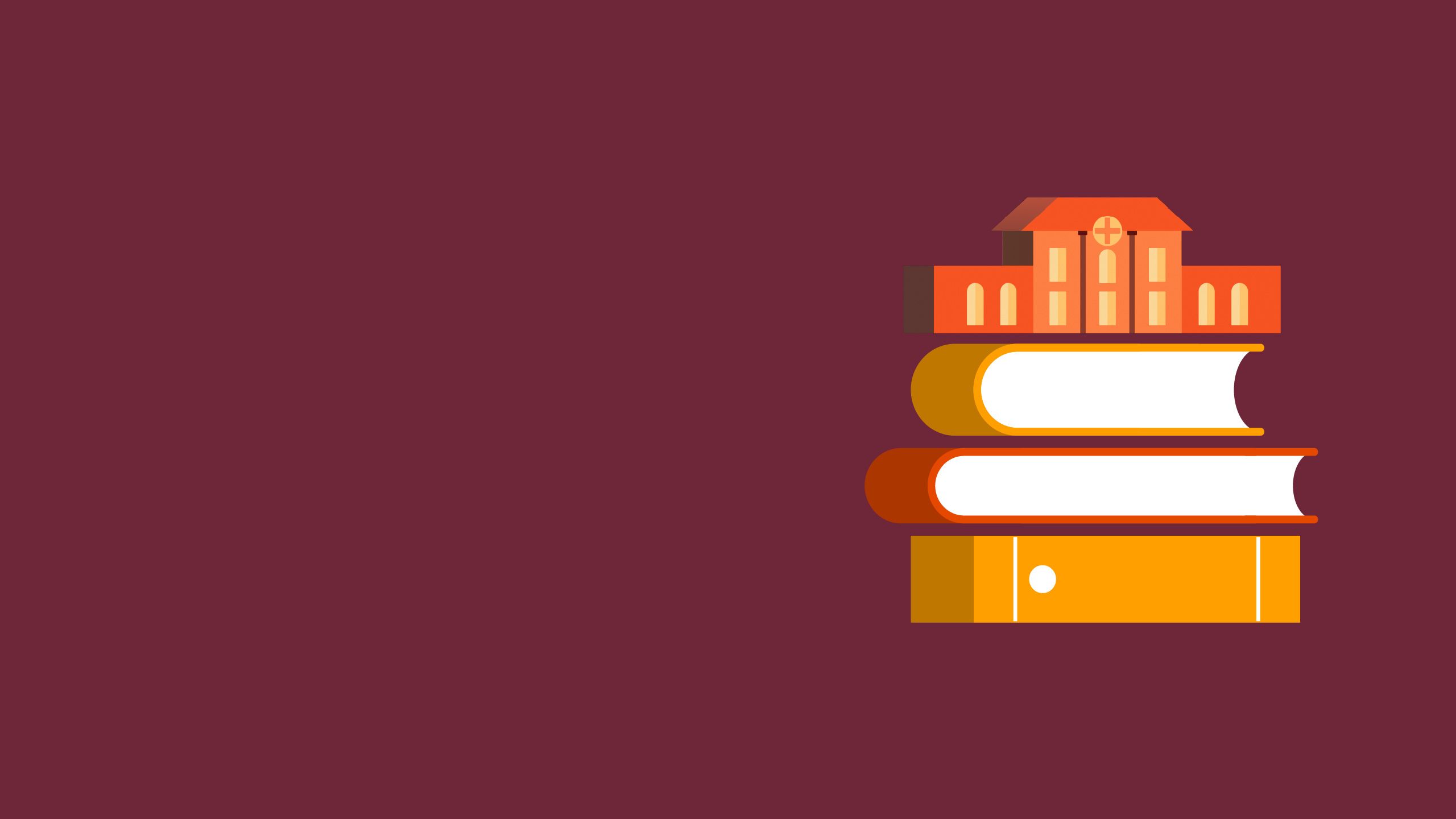 A graphic showing a stack of three books. On top of the stack of books is a miniature hospital.