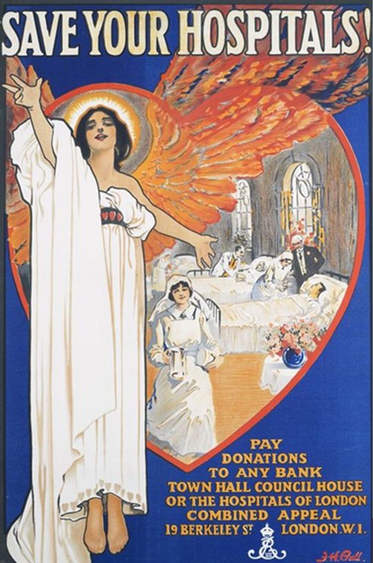 A poster that reads, 'Save your hospitals. Pay donations to any bank, town hall, council house, or the hospitals of London combined appeal, 19 Berkeley Street, London W1.' To the right of the poster is the image of an angel with outstretches arms, reaching towards the viewer. Behind the angel is a heart outlined in red. Inside the heart is an illustration of a hospital ward, with nurses and doctors tending to patients in their beds.