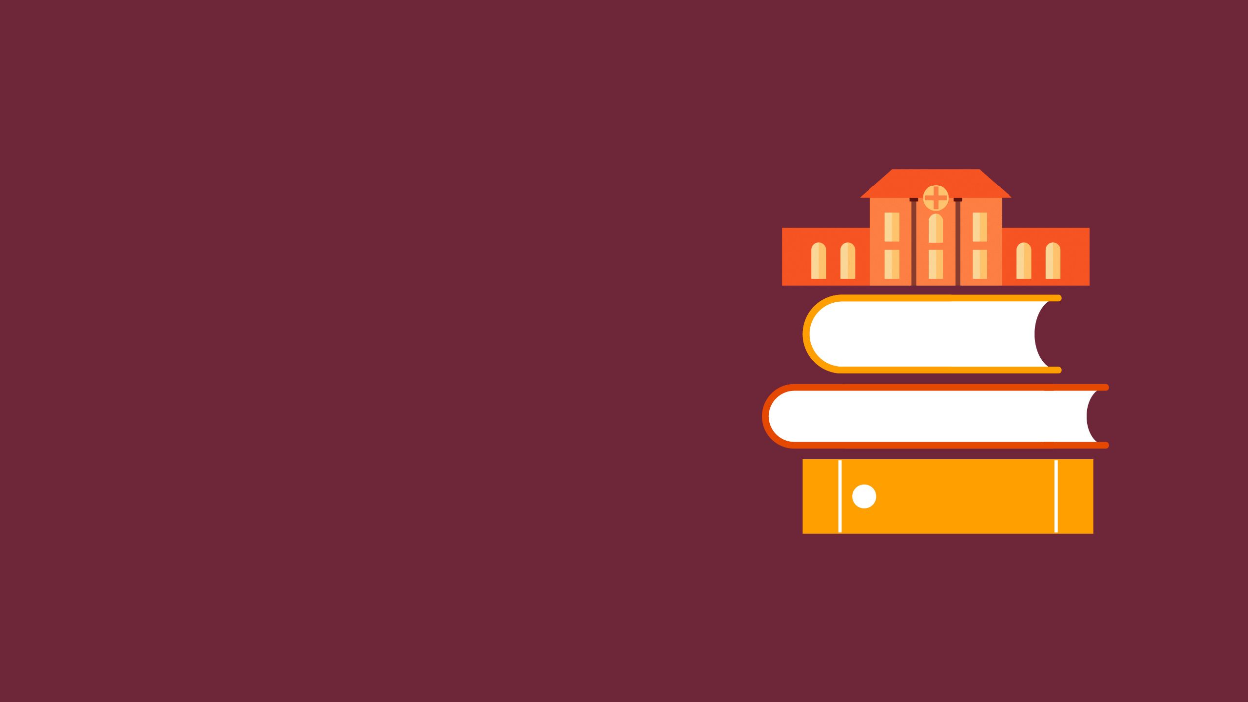 A graphic showing a stack of three books. On top of the stack of books is a miniature hospital.