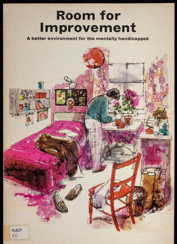 An image showing the front cover of a report entitled, 'Room for Improvement'. On the front cover is an illustration of someone in their bedroom. The bedroom is brightly coloured and has lots of posters and awards on the walls. There is a person stood in the window tending to some pot plants on a desk in front of the window. There is a dressing gown on the bed and slippers on the floor.