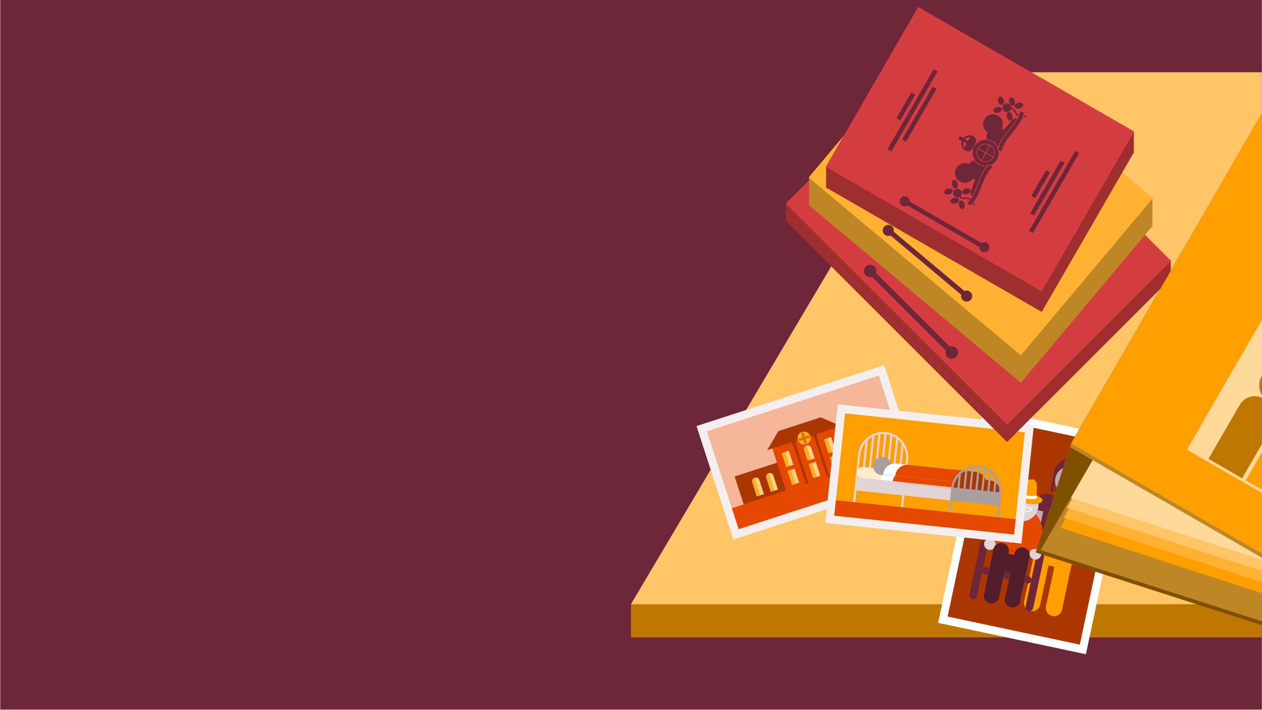An illustration showing a table with an assortment of objects on top including, a stack of three reports, a photograph of a model of a miniature hospital, a photo of a hospital bed and a photo of an elderly man standing next to a carer.