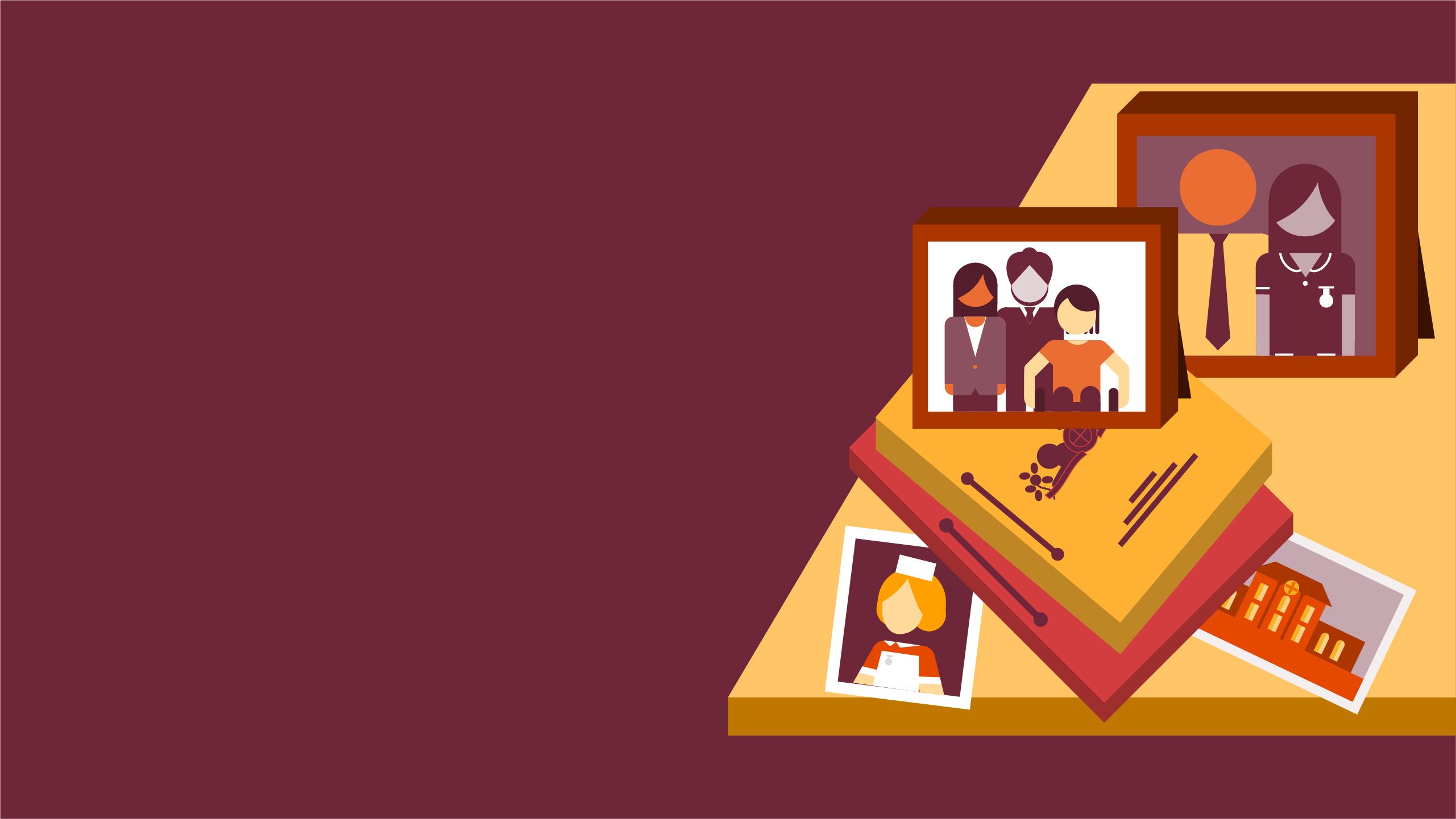 A table on which has been placed a photoframe showing two health care professionals, a photoframe with a picture of three health care professionals, which is balanced on top of a stack of two reports. A photo of a model of a miniature hospital and the photograph of a nurse.