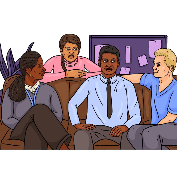Angela, Minu, Priya and a white colleague, are relaxing in a staff break-out room.