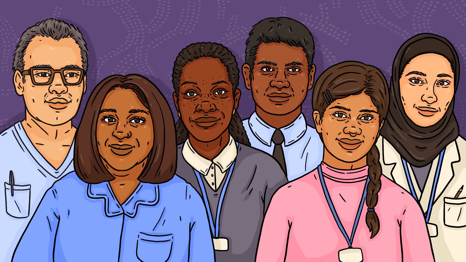 An illustration of a group of NHS staff from ethnic minority backgrounds. 