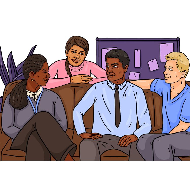 Minu, Priya, Angela and their colleague are talking to one another about their experiences in the workplace.