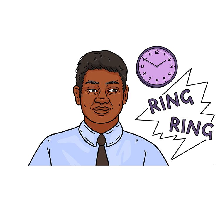 An illustration of Minu, who is sat in front of a clock in an office and looks towards a ringing telephone.