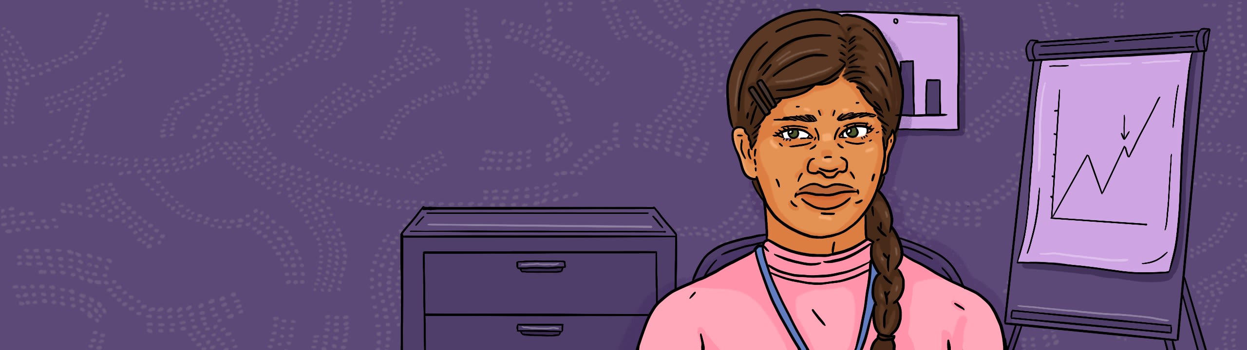 Priya looks out at the reader. Behind her is a chest of drawers, a flip chart showing a graph, and a poster is stuck to the wall displaying a graph.