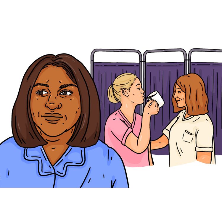 Anusha, in the foreground, looks out towards the viewer. The two women behind continue their conversation. One woman drinks from a coffee cup.
