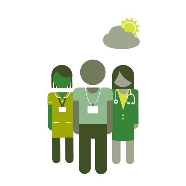 Three members of health and care staff stood together. In the top of the image there is the picture of a sun peeking from behind a cloud.