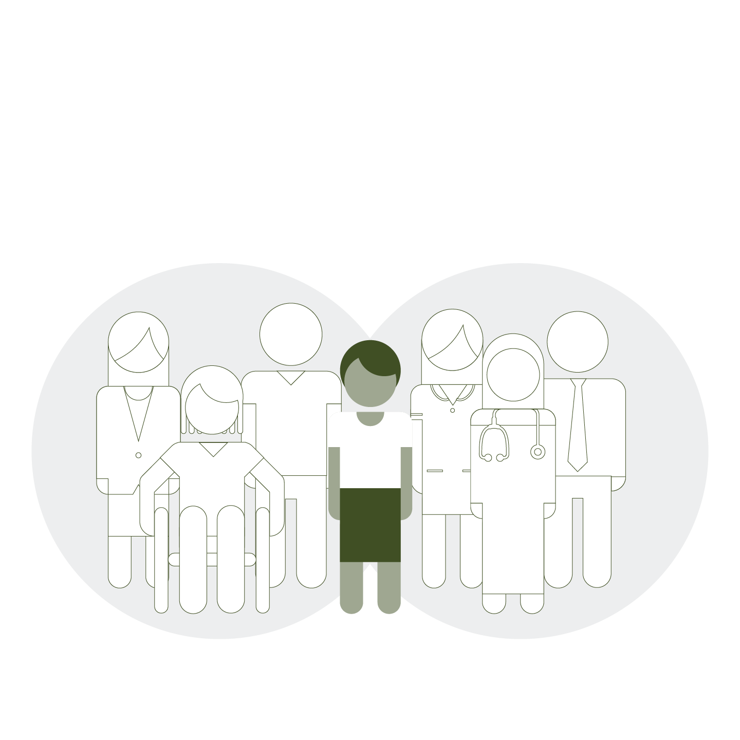 An image with the outline of two groups of people in the background. In the centre, the graphic of a person in the 'connector' role.