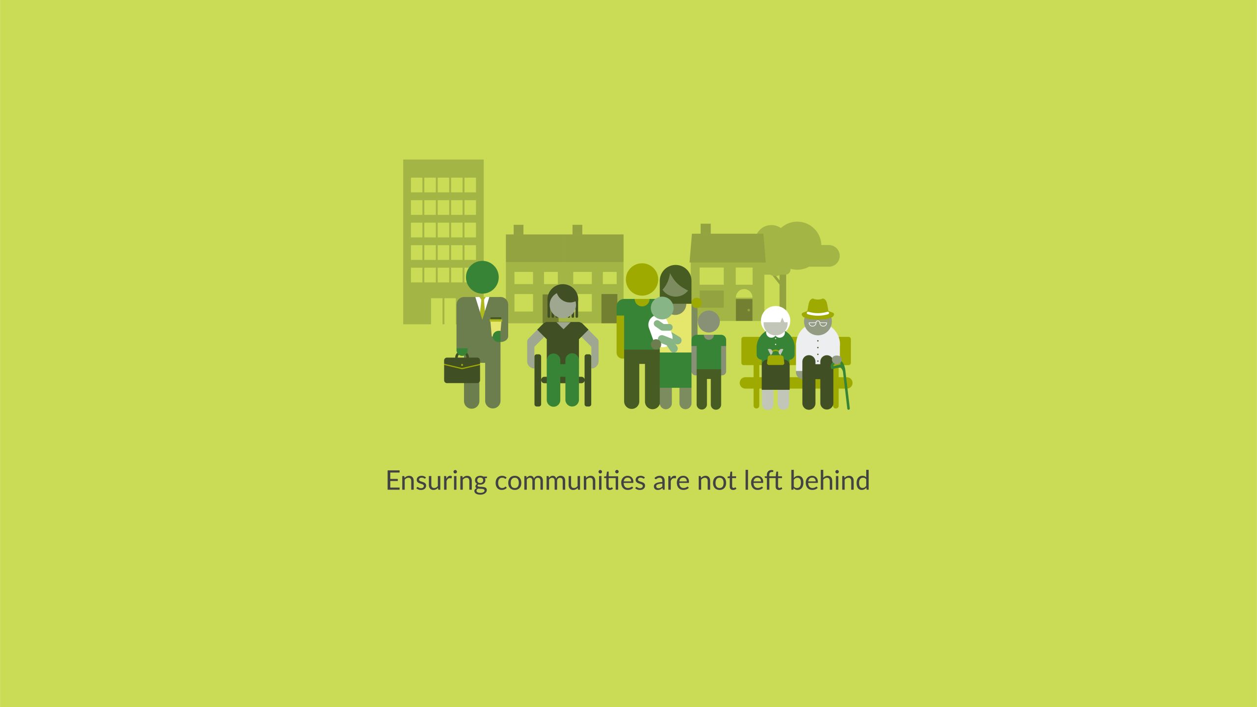 An image showing a community group. The text reads: Ensuring communities are not left behind