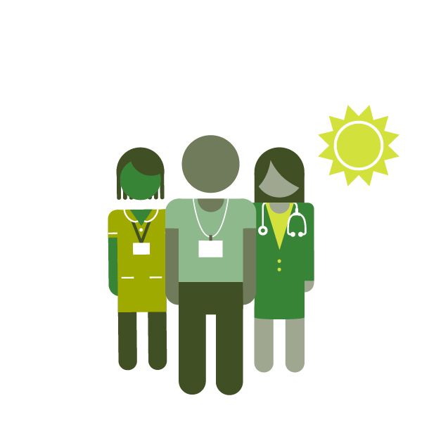 Three members of health and care staff stood together. In the right-hand corner there is the picture of a sun.