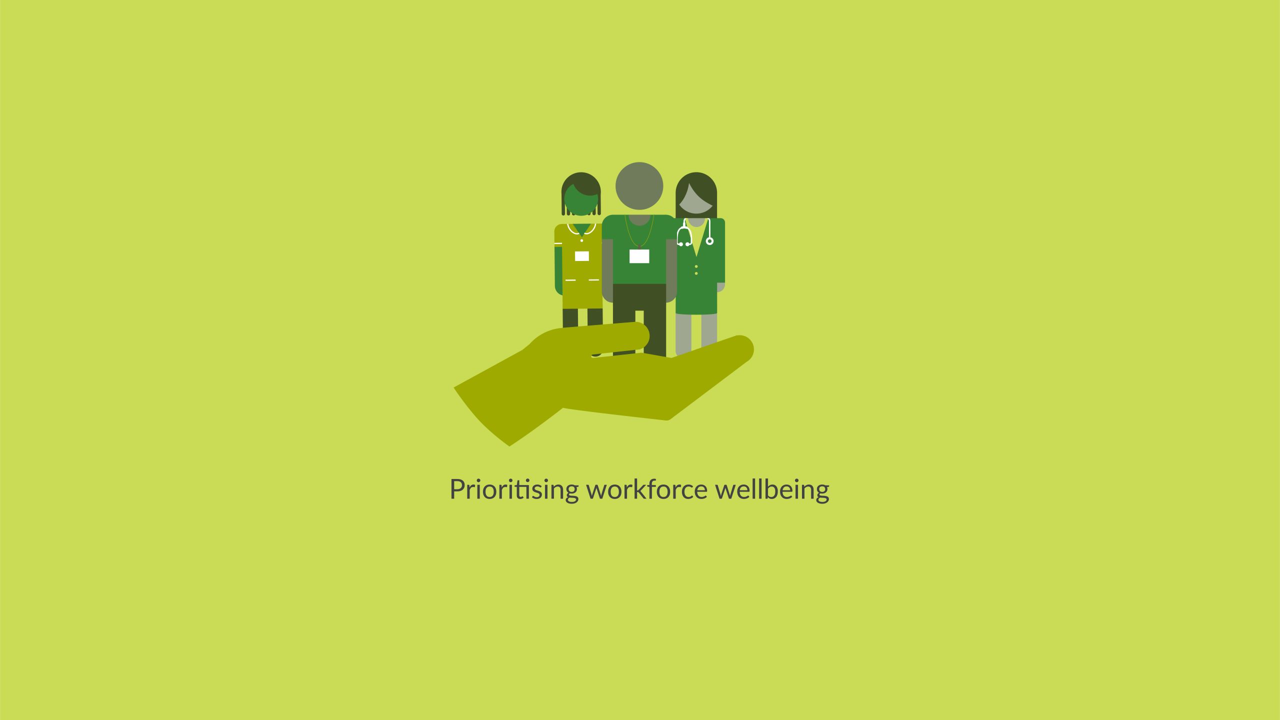 An image showing three members of NHS staff held in the palm of a hand. Text reads: Prioritising workforce wellbeing