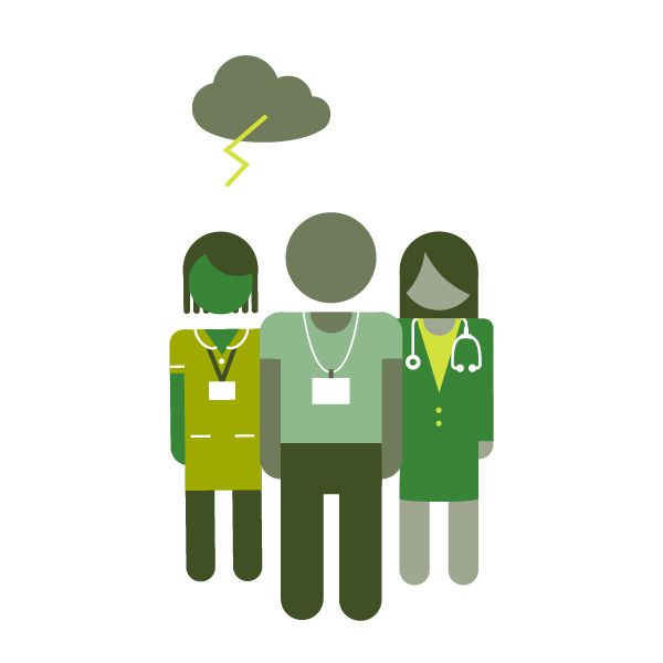 Three members of health and care staff stood together. At the top of the image there is a thunder cloud with a fork of lightening coming out of it.