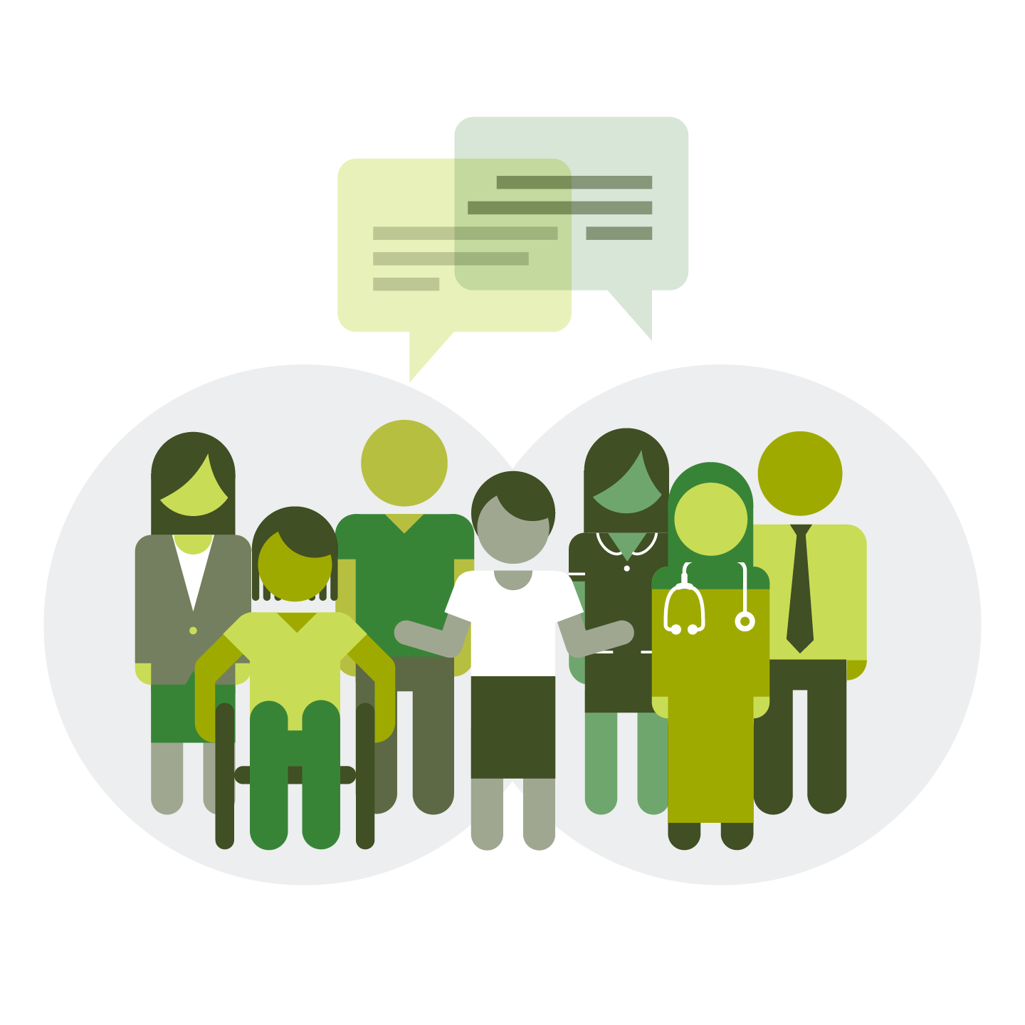 In the background, two groups of people with speech bubbles above them and a person in a 'connector' role in the centre.