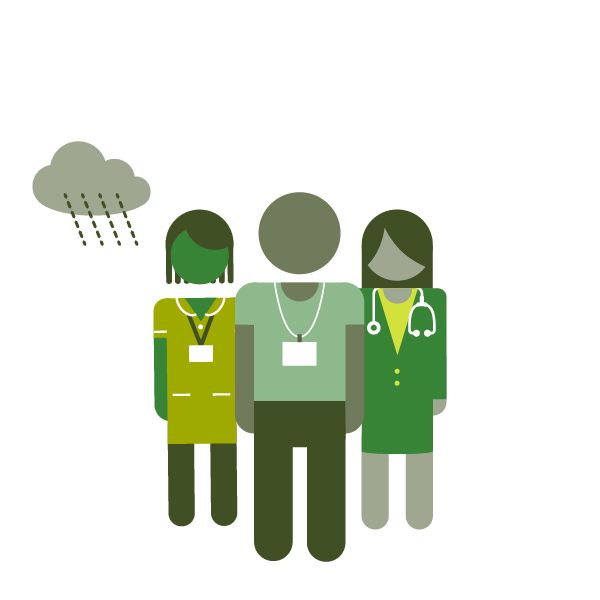 Three members of health and care staff stood together. In the left-hand corner there is a rain cloud.