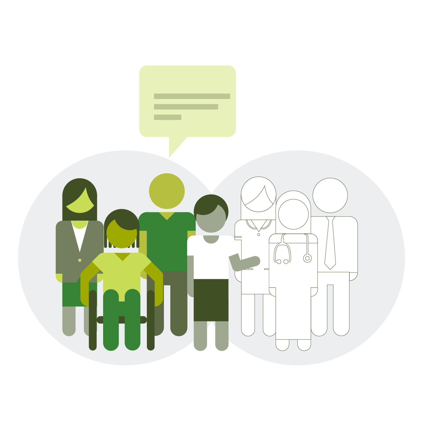 An image with one group of people on the left-hand side with a speech bubble above them, speaking to a person in a 'connector' role.