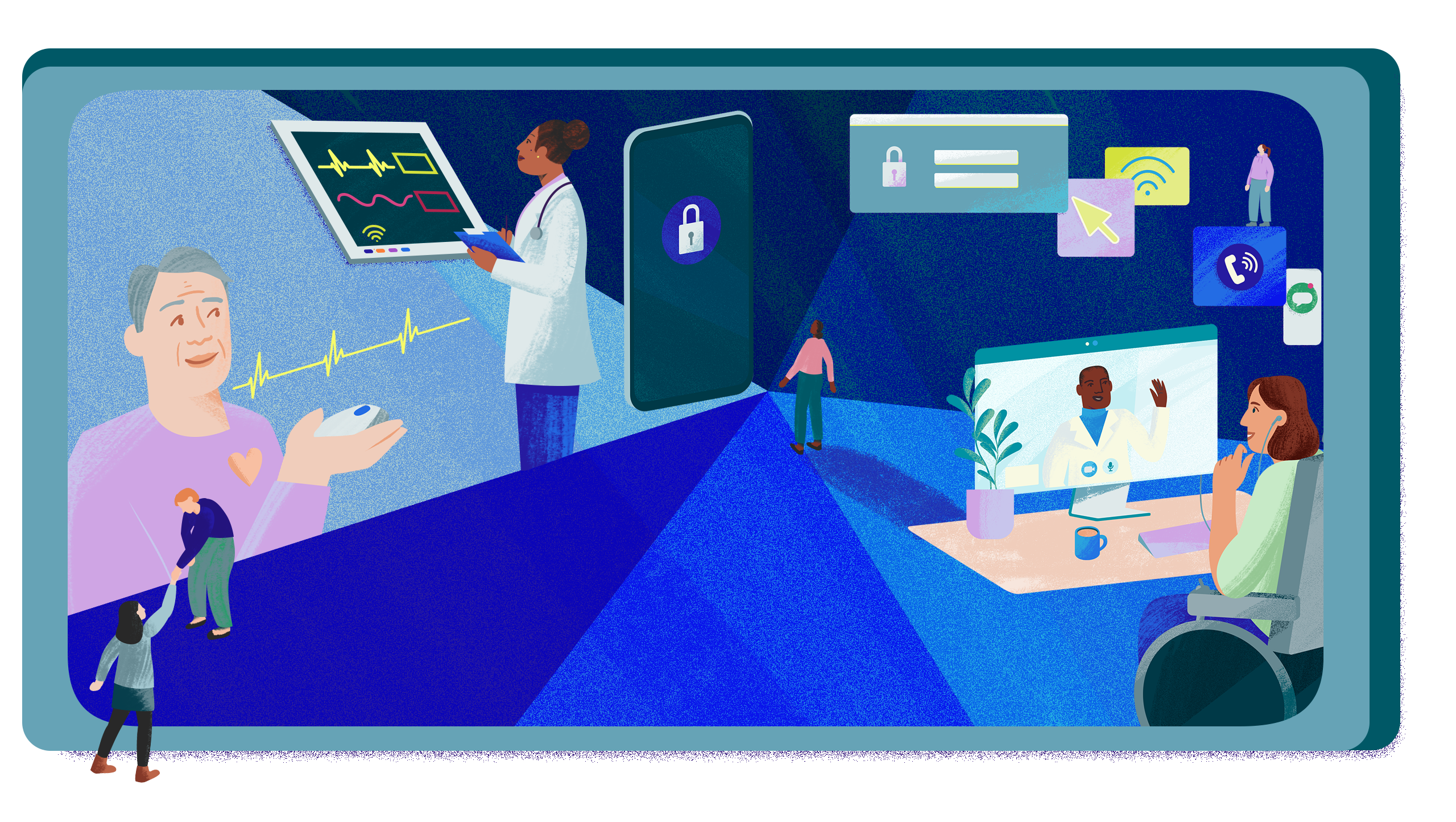 A collection of illustrations showing different people using technology to manage their healthcare