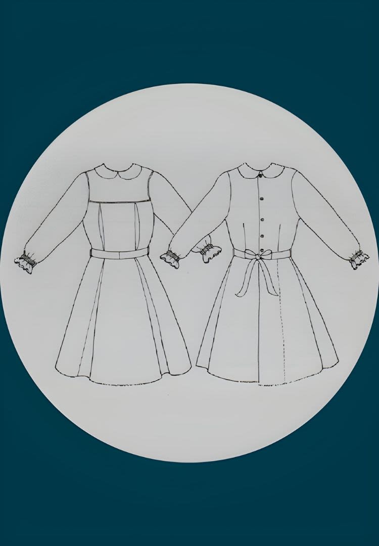 A circle with a grey background. In the centre is a fine-line illustration of two knee-length dresses. Both dresses have long sleeves, full skirts and Peter Pan collars. The dress on the left is belted and has pleats across the top and skirt. The second dress has buttons that go down to the waist. Around the waist of the dress is a bow. The two dresses are illustrated close to one another so the arms of the dresses overlap in the middle of the image. 