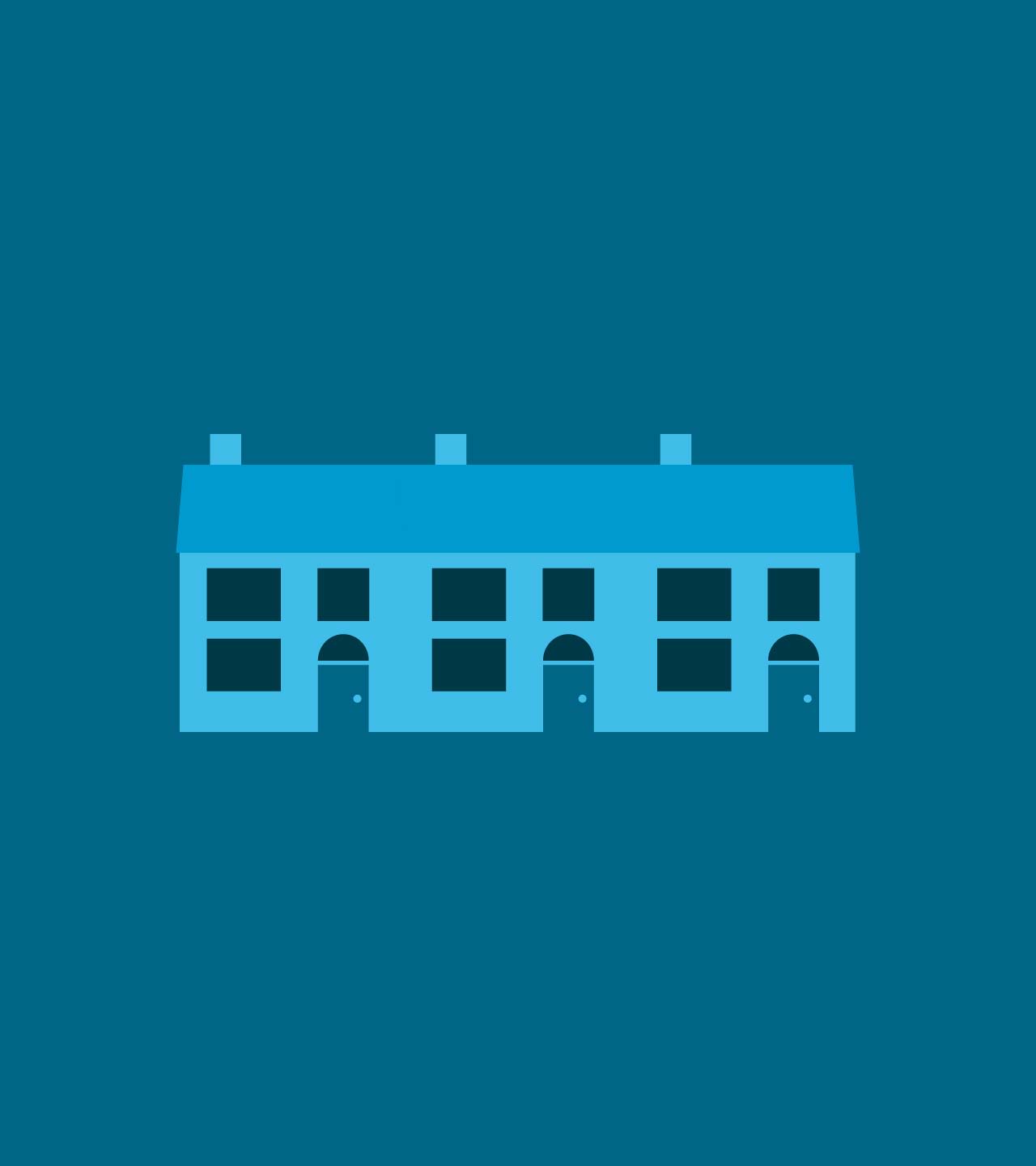 A graphic in light, mid and dark blue depicting a row of three identical terraced houses.