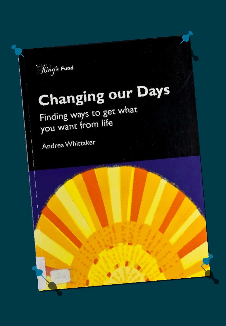 An image of the front cover of a King’s Fund report entitled, ‘Changing our Days. Finding ways to get what you want from life’. The title, subtitle and authors name are printed in white on a black background. Under this is an artistic representation of a rising sun. The sun is a semi-circle made up of blocks of yellow, light yellow, orange and gold, on a deep blue background.