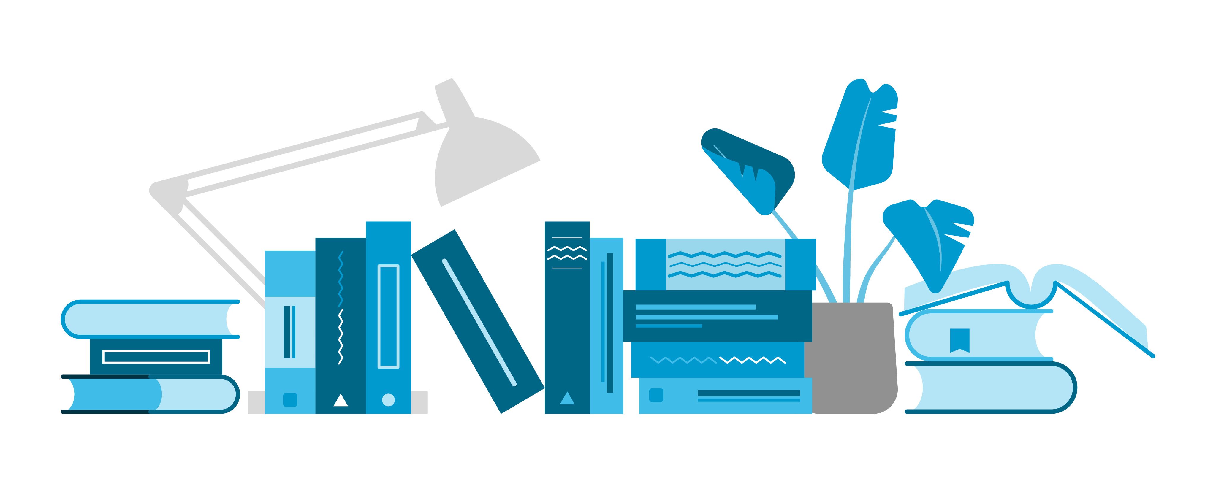 A light, mid and dark blue graphic depicting a shelf of books. Some of the books are stacked on top of one another, some open as if mid-way through being read or jauntily leaning against one another. On the shelf is a pot plant and a desk lamp.