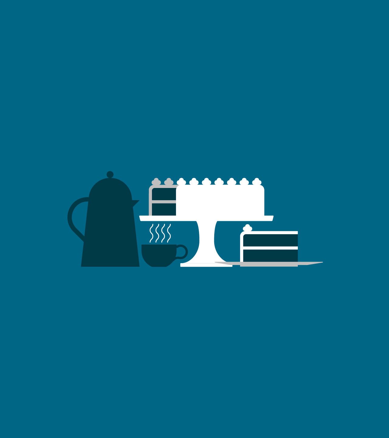 A graphic in light, mid and dark blue colours depicting a kettle, a steaming cup of tea, a cake on a cake stand, and a slice of cake on a plate.