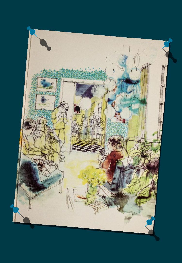 An illustration from The King’s Fund’s report, Room for improvement. The illustration shows a group of people sat in armchairs in a sitting room decorated with brightly coloured, patterned wallpaper. In the foreground is a coffee table with a vase of daffodils and some books on it. A teddy bear is seated in a chair to the left of this. To the right is a television set and large pot plant. There are low hanging ceiling lights in the centre of the room and framed pictures of birds on the wall. In the background, just visible through an open doorway, is a kitchen area where people are gathered around a trolley with cups, tea pots and other tea and coffee-making utensils on it. 